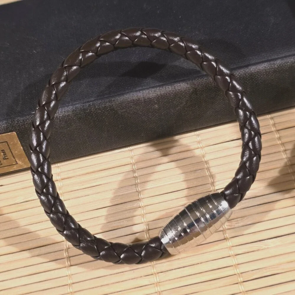 Braided Thick Dark Brown Vegan Leather Magnetic Clasp Bangle Bracelet